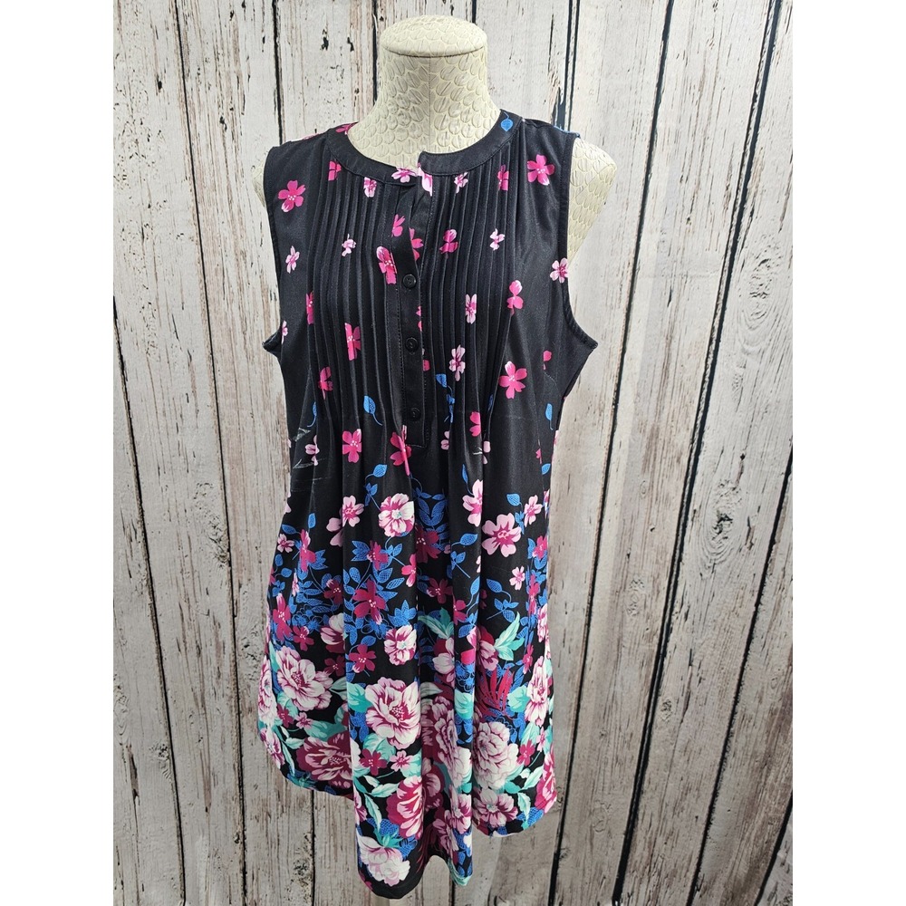 Reborn Women's XL Black Pink Floral Sleeveless A-Line Pintuck Shirt Dress EUC